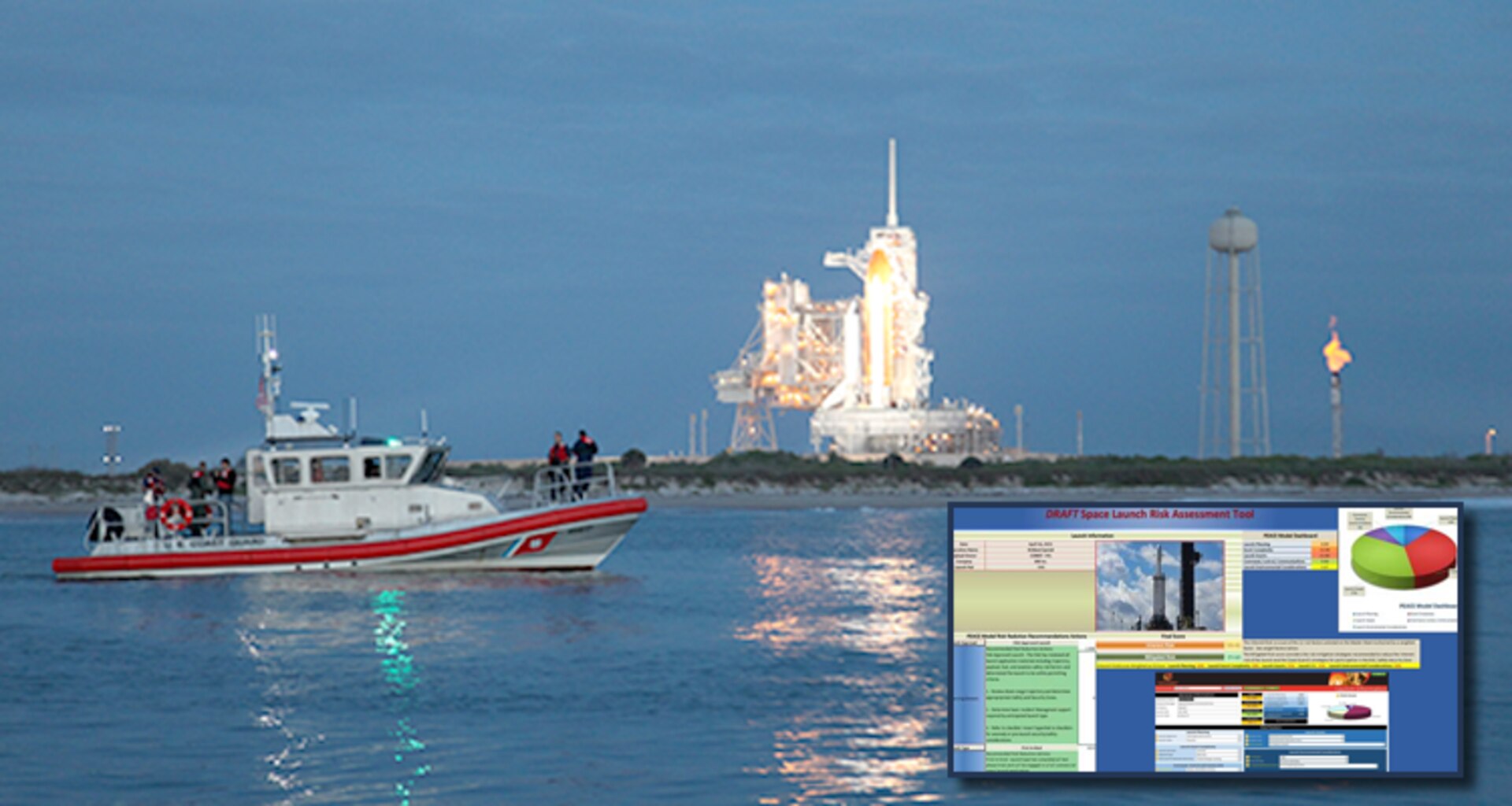 A boatcrew from Station Port Canaveral, Florida, supports a launch. The inset shows screen captures of Space Launch Risk Assessment Tool data.