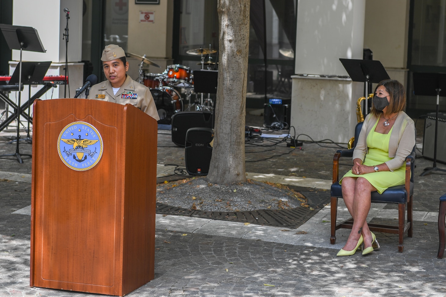 NAVAL SUPPORT ACTIVITY NAPLES, Italy (May 27, 2021) Senior Chief Logistics Specialist Baby Wakefield speaks at celebration in honor of Asian American Pacific Islander Heritage Month on Naval Support Activity Naples, Italy, May 27, 2021. U.S. Naval Forces Europe-Africa/U.S. Sixth Fleet, headquartered in Naples, Italy, conducts the full spectrum of joint and naval operations, often in concert with allied and interagency partners in order to advance U.S. national interests and security and stability in Europe and Africa. (U.S. Navy photo by Mass Communication Specialist 2nd Class Trey Fowler)