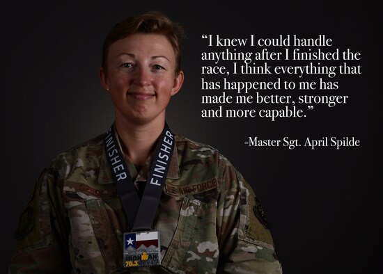 Master Sgt. April Spilde, 22nd Wing Staff Agencies equal opportunity superintendent, poses for a photo with her Iron Man medal April 19, 2021, at McConnell Air Force Base, Kansas. Spilde shared her story of how she used triathlon to overcome challenges throughout her career as part of McConnell’s Beyond the Blue initiative. Beyond the Blue focuses on taking steps to normalize the conversations that surround seeking help. (U.S. Air Force photo illustration by Senior Airman Alexi Bosarge)