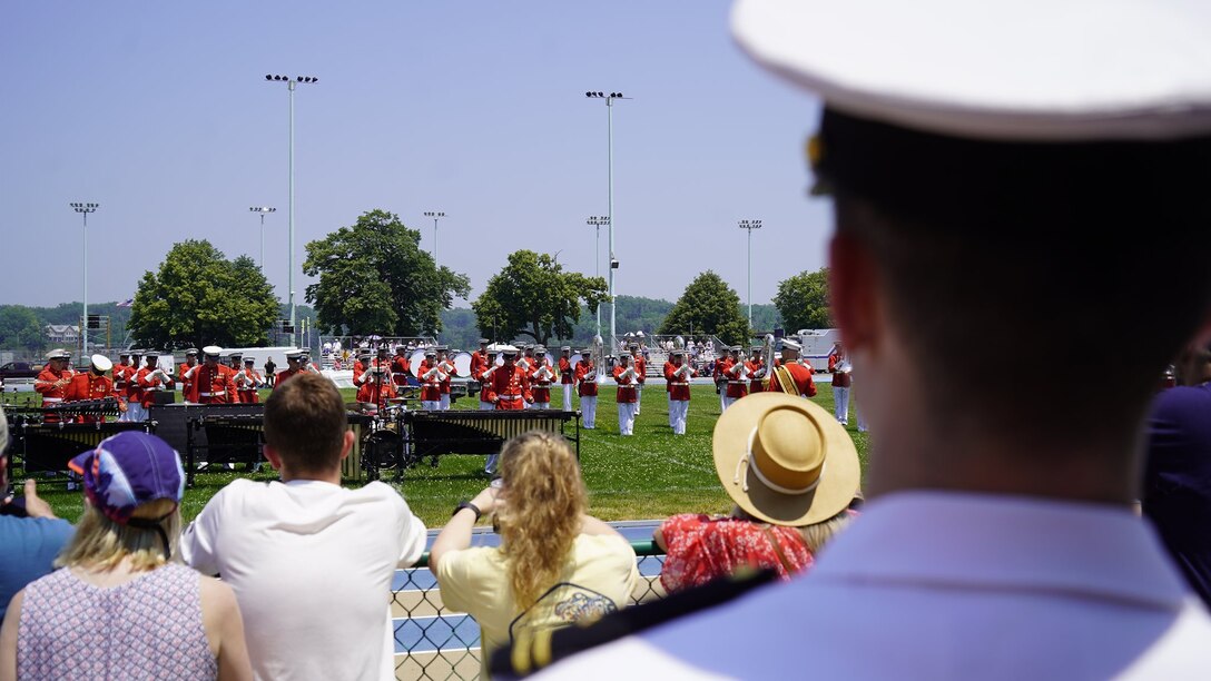 Marines with “The Commandant’s Own” U.S. Marine Drum and Bugle Corps perform during a Battle Color Ceremony as part of the U.S. Naval Academy Commissioning Week at the United States Naval Academy, Annapolis, Maryland, May 26, 2021. Parents, family members and guests of the First Class Midshipmen were invited to attend a series of events, in honor of the graduates, including an air show held by the Blue Angels. (U.S. Marine Corps photo by Sgt. Jason A. Kolela)