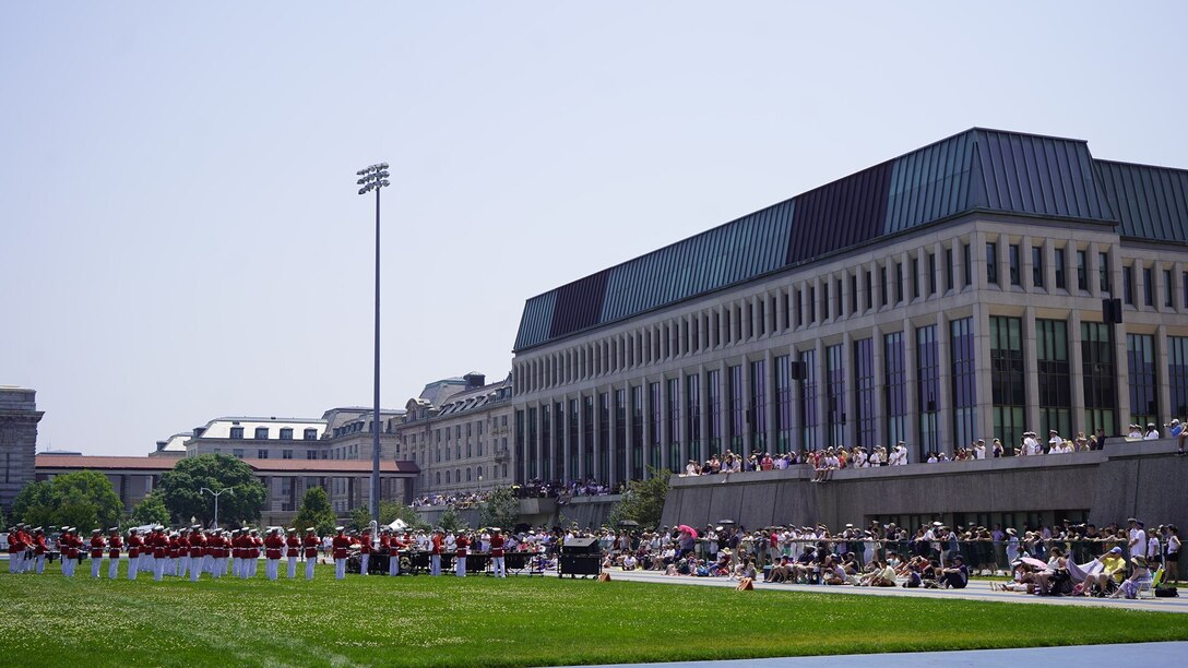 Marines with “The Commandant’s Own” U.S. Marine Drum and Bugle Corps perform during a Battle Color Ceremony as part of the U.S. Naval Academy Commissioning Week at the United States Naval Academy, Annapolis, Maryland, May 26, 2021. Parents, family members and guests of the First Class Midshipmen were invited to attend a series of events, in honor of the graduates, including an air show held by the Blue Angels. (U.S. Marine Corps photo by Sgt. Jason A. Kolela)