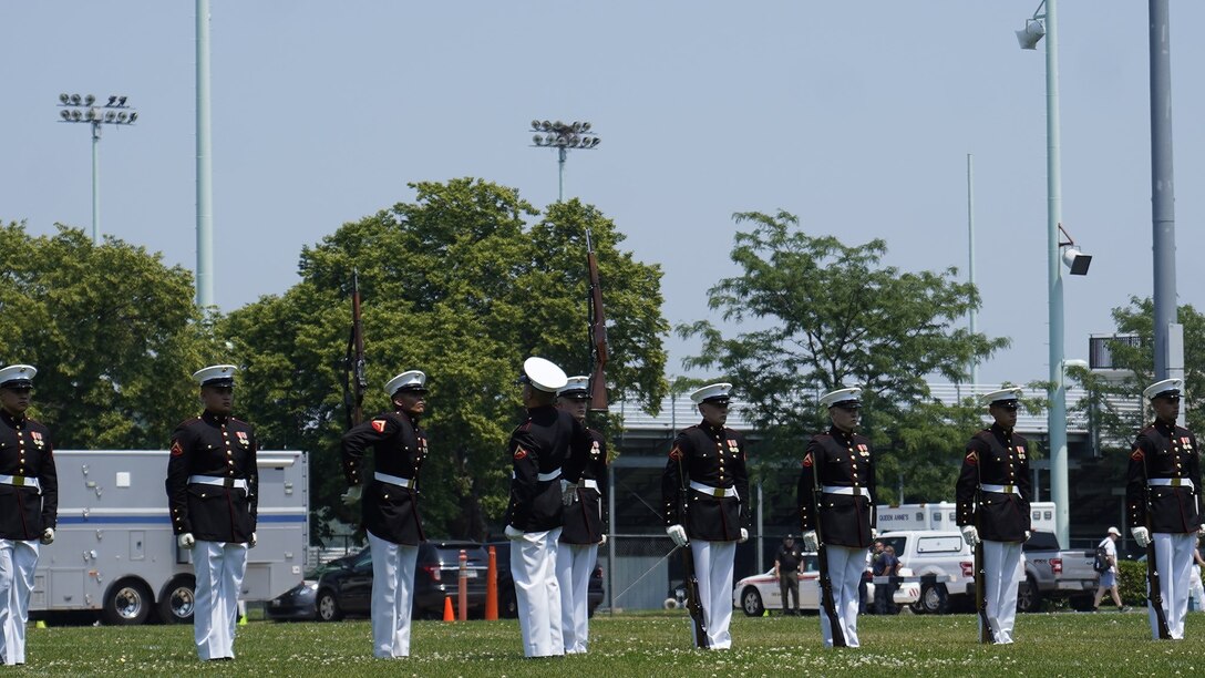 Marines with the U.S. Marine Corps Silent Drill Platoon perform during a Battle Color Ceremony as part of the U.S. Naval Academy Commissioning Week at the United States Naval Academy, Annapolis, Maryland, May 26, 2021. Parents, family members and guests of the First Class Midshipmen were invited to attend a series of events, in honor of the graduates, including an air show held by the Blue Angels. (U.S. Marine Corps photo by Sgt. Jason A. Kolela)