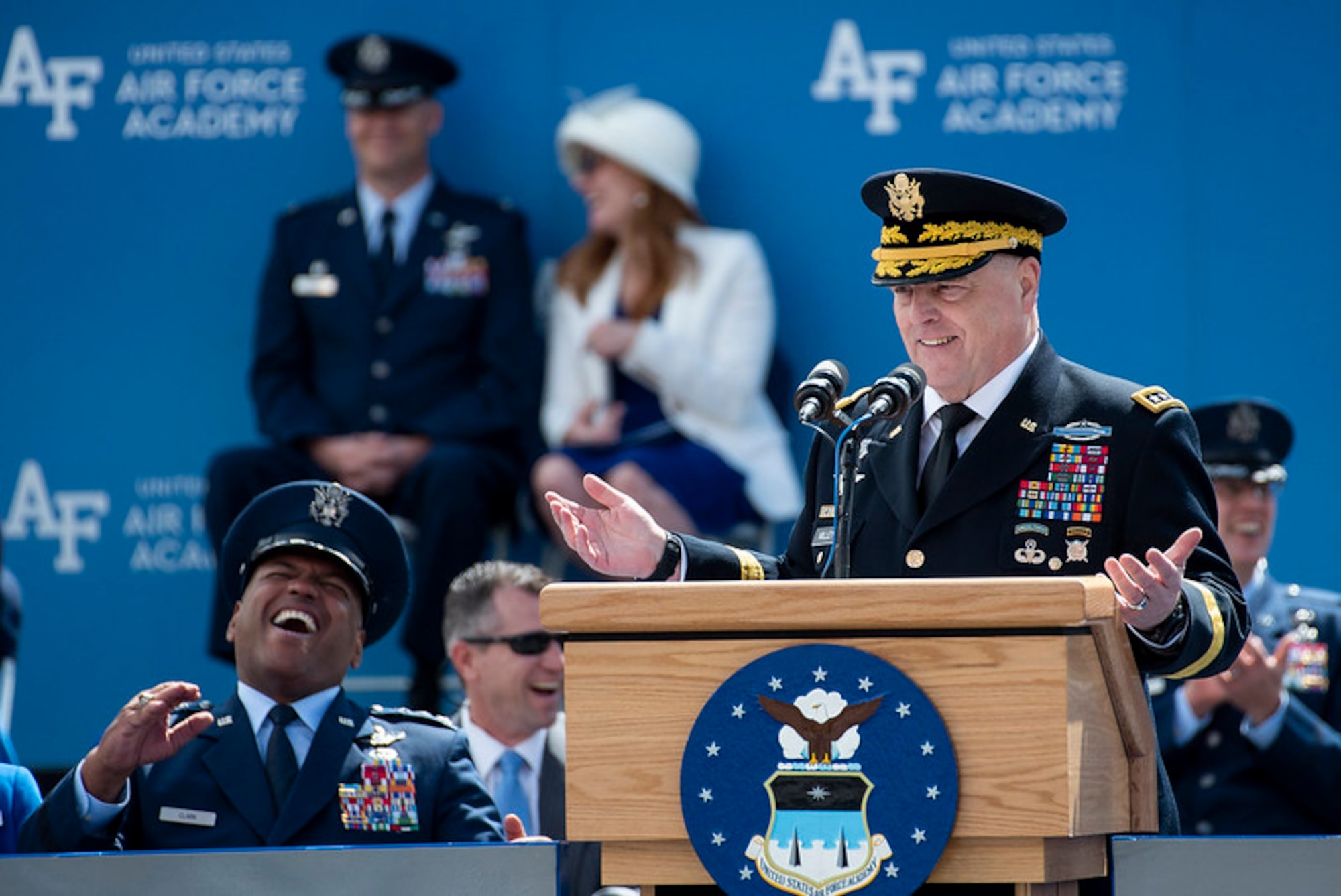 General Mark A. Milley, Chairman of the Joint Chiefs of Staff, delivers the graduation address to the U.S. Air Force Academy Class of 2021 Graduation Ceremony at the Air Force Academy in Colorado Springs, Colo., May 26, 2021.