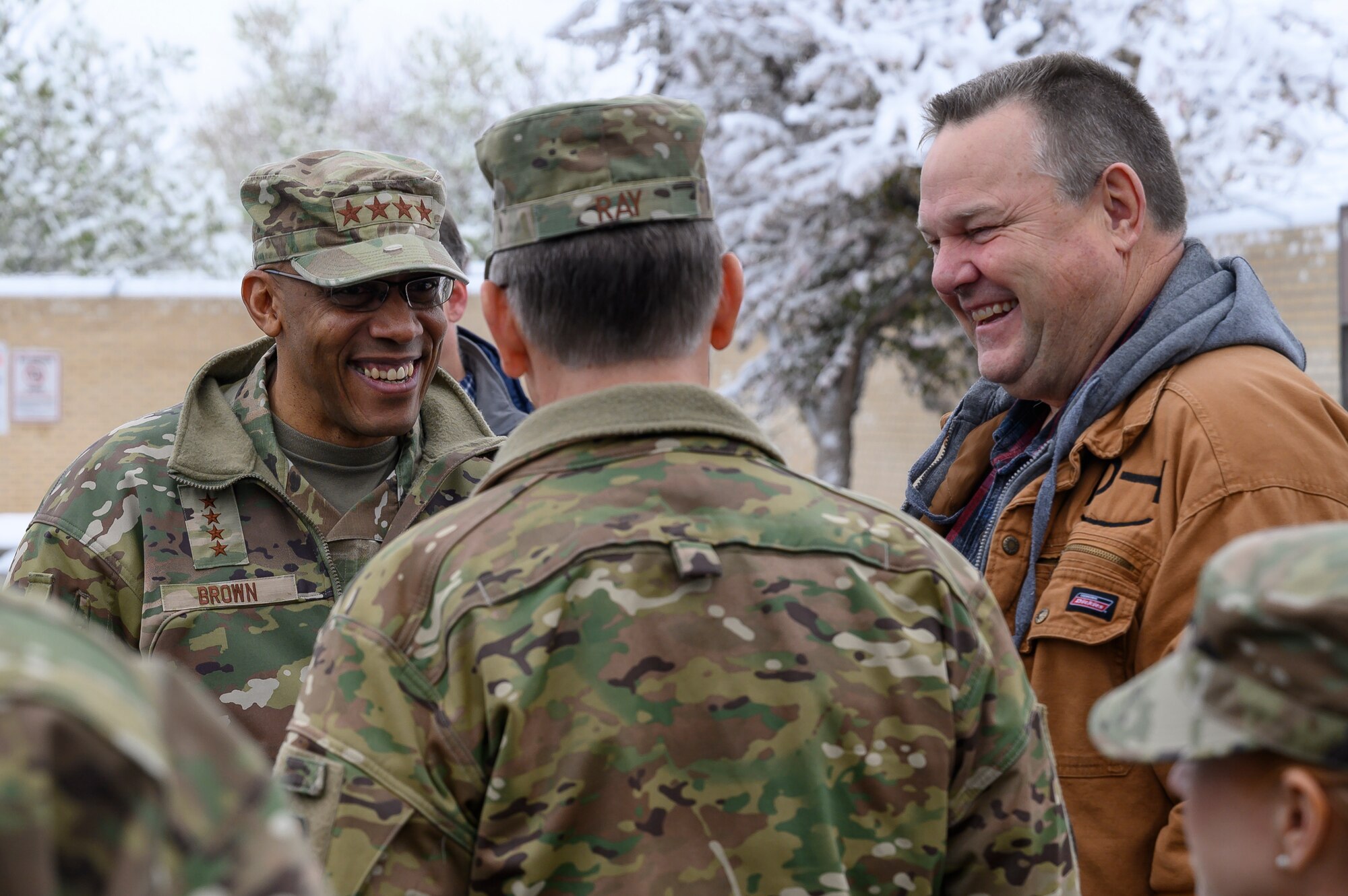 Air Force Chief of Staff Gen. CQ. Brown, Jr., left, U.S. Senator Jon Tester right, and Air Force Global Strike Commander Gen. Timothy M. Ray, make acquaintances May 21, 2021, at Malmstrom Air Force Base, Mont.