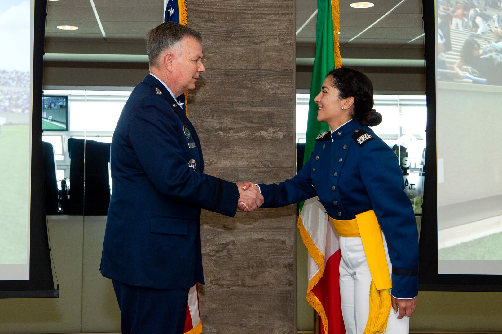 U.S. Air Force Gen. Glen D. VanHerck, commander of North American Aerospace Defense Command and U.S. Northern Command, congratulates Mexican Navy Cadet Itzel Sinai Chan Topete on her graduation from the U.S. Air Force Academy.