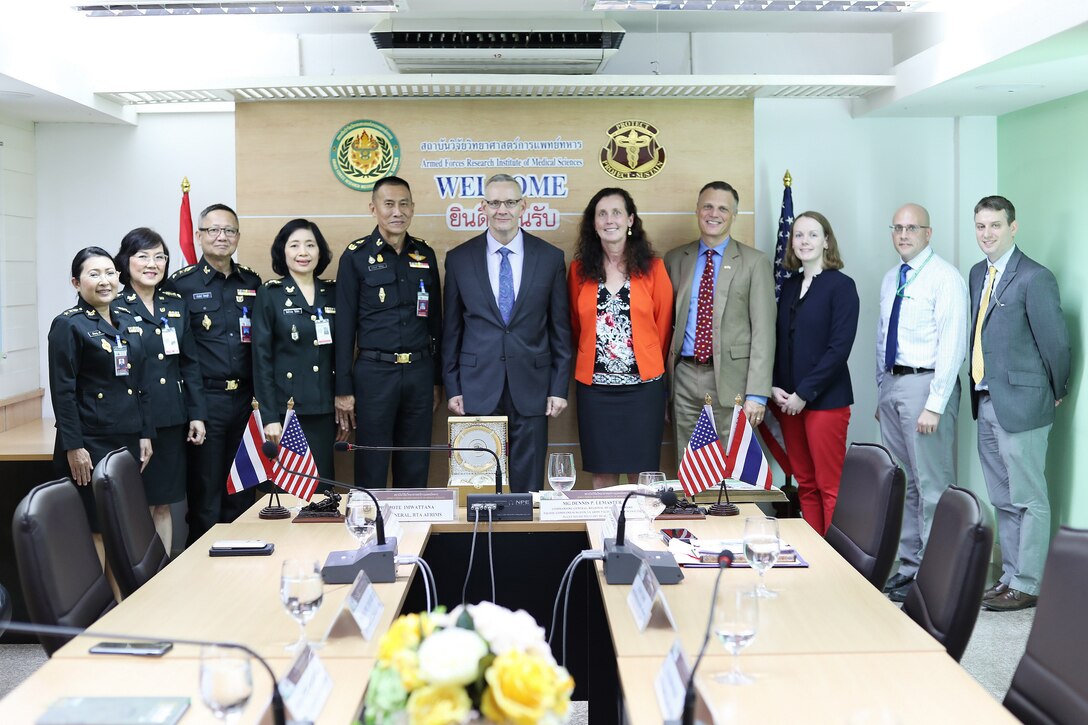 On May 13, Maj. Gen. Promote Imwattana, director general, Royal Thai Army welcomes U.S. Army Maj. Gen. Dennis P. LeMaster, commanding general, Regional Health Command-Pacific, and his team to Thailand and the Armed Forces Research Institute of Medical Sciences. (c/o Regional Health Command - Pacific)
