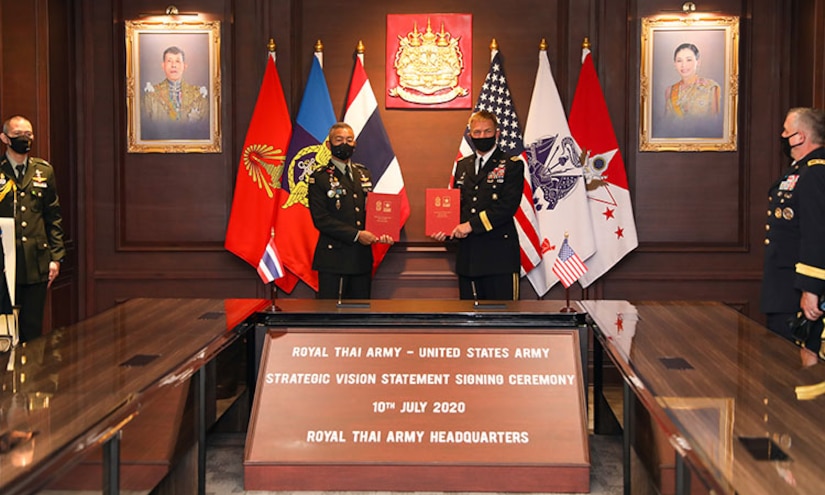 General James C. McConville, the Chief of Staff of the United States Army, met with General Apirat Kongsompong, Commander in Chief of the Royal Thai Army to signed the Strategic Vision Statement on July 10, which energizes and enhances the bilateral army to army relationship, and outlines the vision and objectives the two army chiefs have as they work to deepen the 65 year old U.S.-Thai military alliance and prepare it for the future.