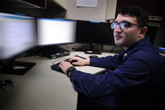 A U.S. Cyber Command, Cyber National Mission Force member works at Fort George G. Meade Md., Feb. 9, 2021.