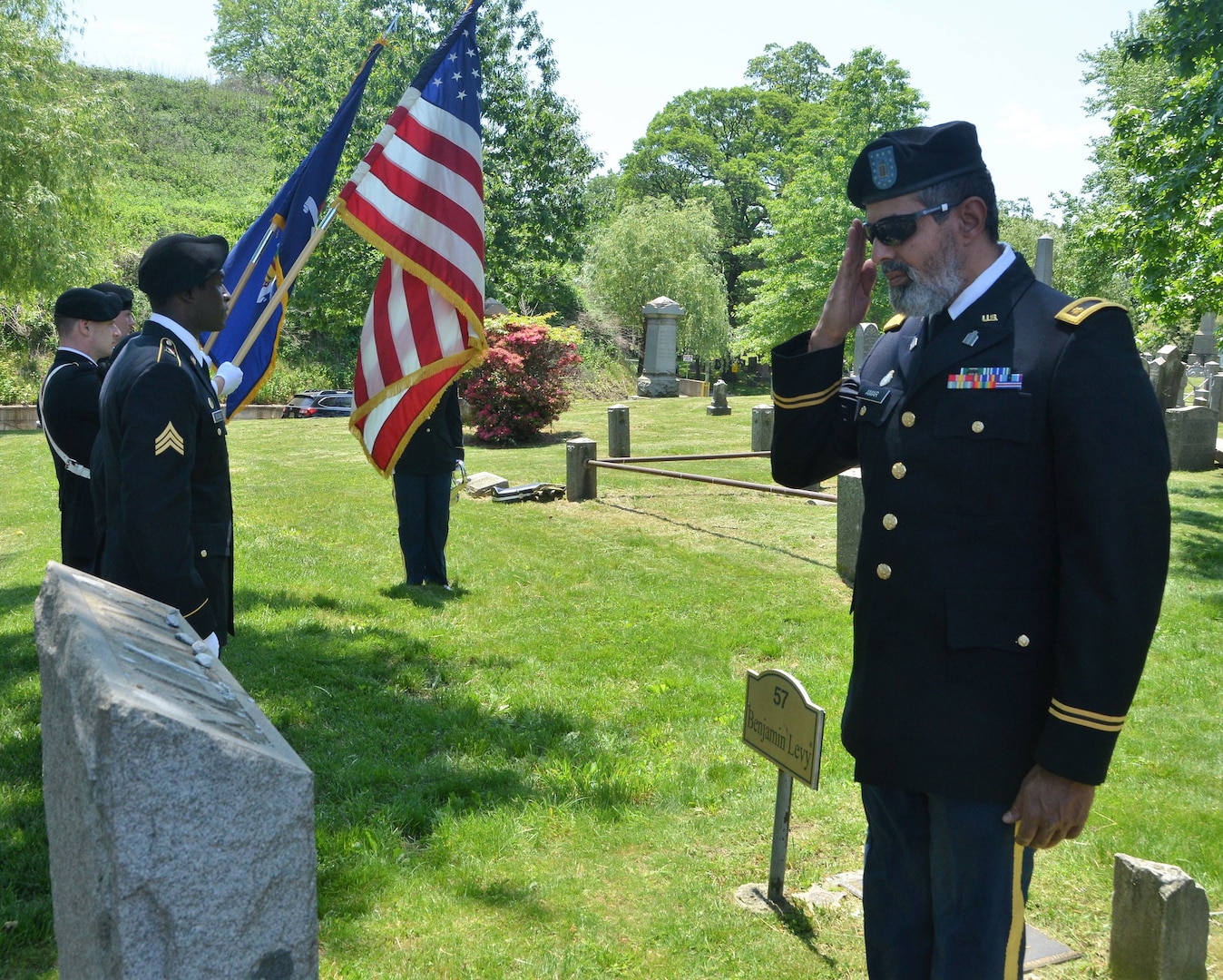 New York Army National Guard Chaplain Maj. Raziel Amar renders honors during a remembrance ceremony of Union Sgt. Benjamin Levy, the first Jewish American to receive the Medal of Honor, at his burial site at Cypress Hills Cemetery in Brooklyn, N.Y., May 21, 2021. Levy received the Medal of Honor for his actions to save his regimental colors and rally his unit, the 1st New York Volunteer Infantry Regiment, during the Battle of Glendale in June 1862.