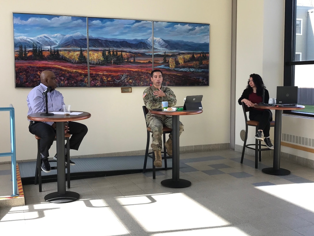 Col. Damon Delarosa, commander of the U.S. Army Corps of Engineers – Alaska District, conducts a coffee corner with the workforce on May 18.