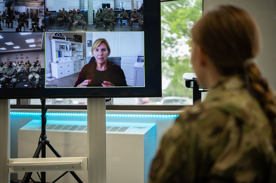 Retired Air Force Gen Lori Robinson, former Commander of North American Aerospace Defense Command and U.S. Northern Command, speaks to Within Reach lecture series participants at Dover Air Force Base, Delaware, May 25, 2021. Robinson, the first woman to command a unified combatant command, was invited to speak to Dover AFB Airmen on her experience before, during and after serving in the Air Force. (U.S. Air Force photo by Senior Airman Marco A. Gomez)