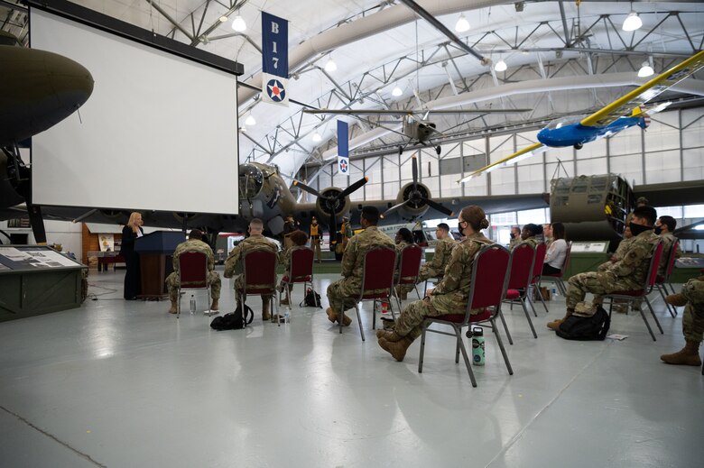 Jes DeShields, Ph.D., Crescent Leadership founder and principal consultant, speaks to Within Reach lecture series participants at the Air Mobility Command Museum on Dover Air Force Base, Delaware, May 25, 2021. DeShields encouraged participants to reflect on their past experiences and use them to focus on the path to success. (U.S. Air Force photo by Senior Airman Marco A. Gomez)
