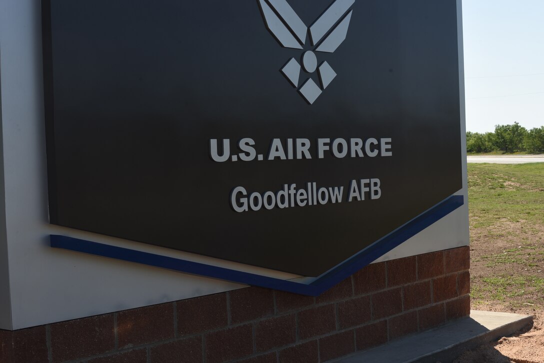 The new sign outside of the Jacobson Gate on Goodfellow Air Force Base, Texas, May 20, 2021. The new signs were completed on May 27, 2021. (U.S. Air Force photo by Senior Airman Abbey Rieves)