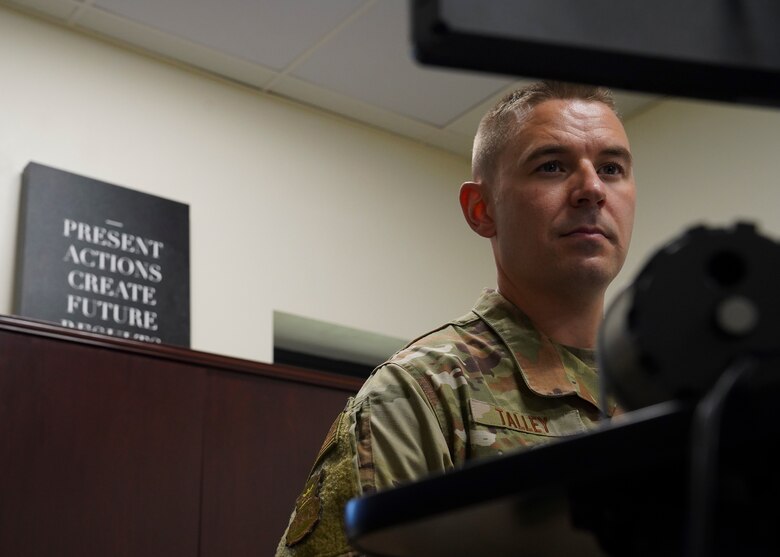 U.S. Air Force Master Sgt. Jonathan Talley, 81st Security Forces Squadron logistics superintendent attends the virtual panel 'From Good to Great through Personal Perspective: A Panel of Mentors' inside the security forces building at Keesler Air Force Base, Mississippi, May 25, 2021. The panel was hosted by the Air Education Training Command Mentoring Council and featured Chief Master Sergeant of the Air Force JoAnne S. Bass, who provided her personal perspective on mentorship. (U.S. Air Force photo by Senior Airman Spencer Tobler)