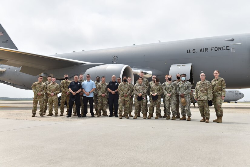 87th Security Forces Airmen stand outside a KC-46 Pegasus following familiarization training at Joint Base McGuire-Dix-Lakehurst, N.J., May 26, 2021. The 3-day training allowed SFS to receive an in-person look at the airframe and a chance to plan for safety procedures in the future. (U.S. Air Force Photo by Senior Airman Shay Stuart)