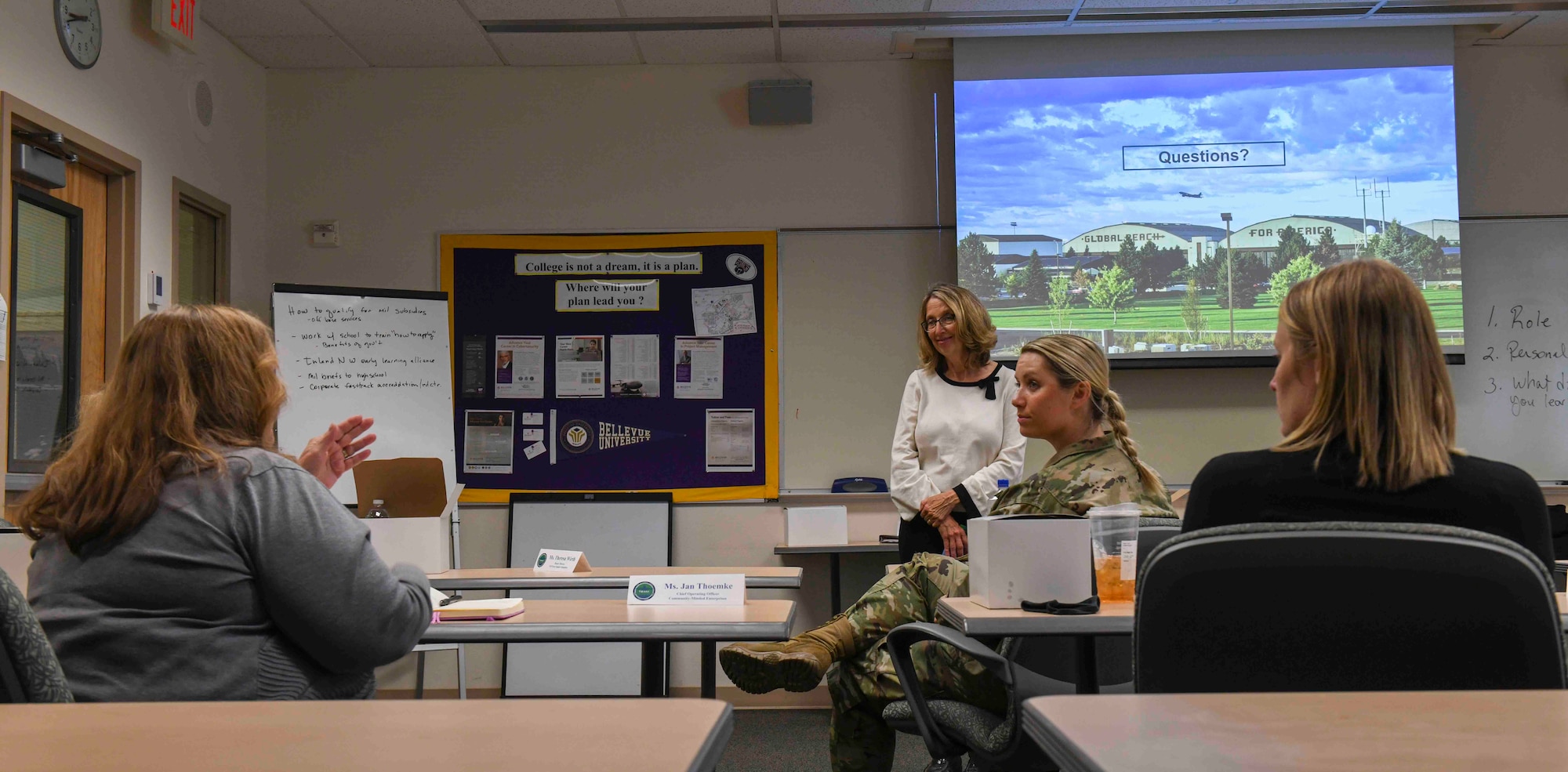 Community leaders speak during the Airmen and Family Quality of Life Summit on Fairchild Air Force Base, Washington, May 25, 2021. Leaders in the community along with Fairchild Airmen discussed solutions for issues regarding childcare. (U.S. Air Force photo by Airman 1st Class Kiaundra Miller).