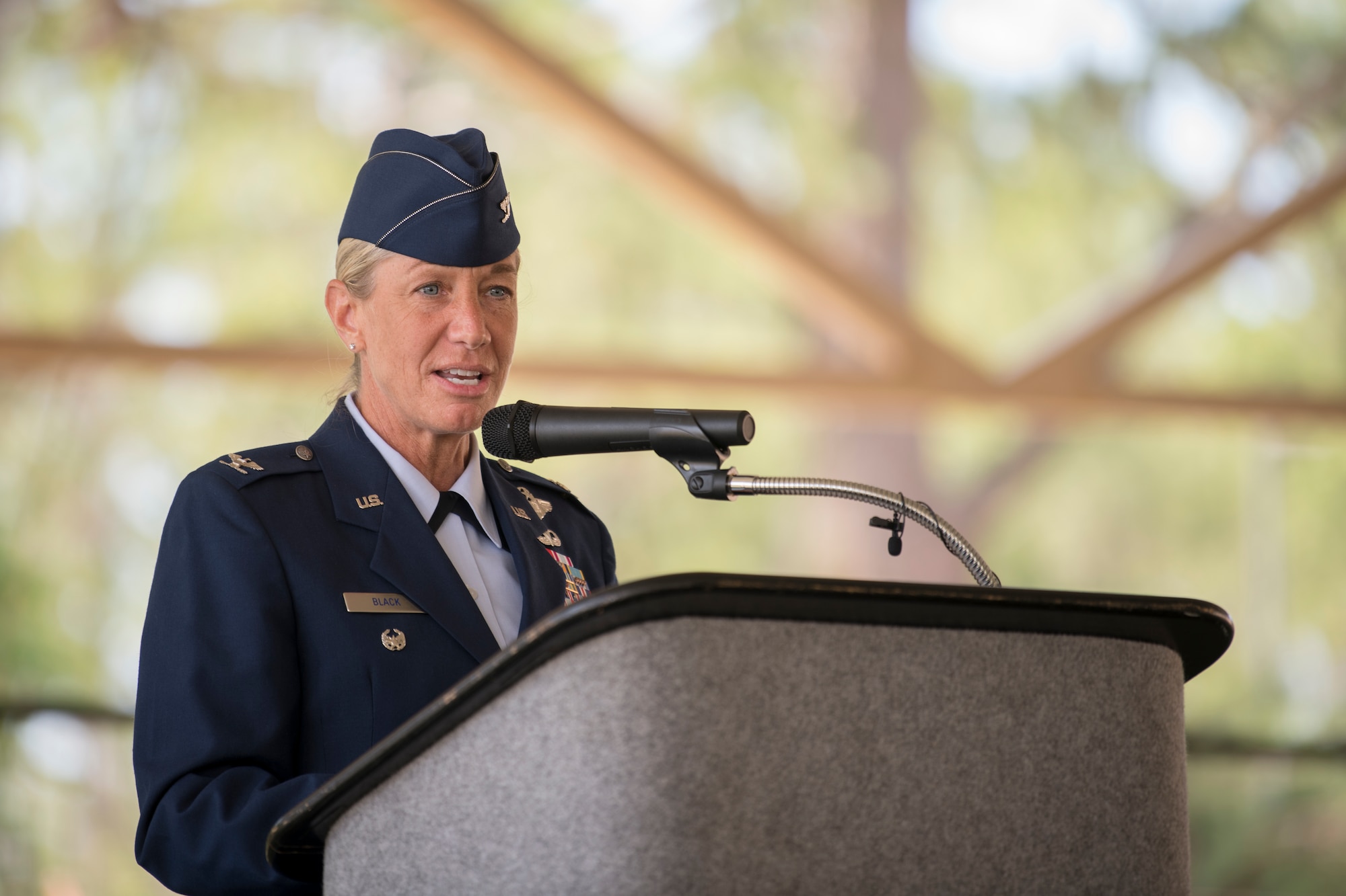 U.S. Air Force Col. Allison Black, 24th Special Operations Wing vice commander, provides remarks during a ceremony at Hurlburt Field, Florida, May 27, 2021.