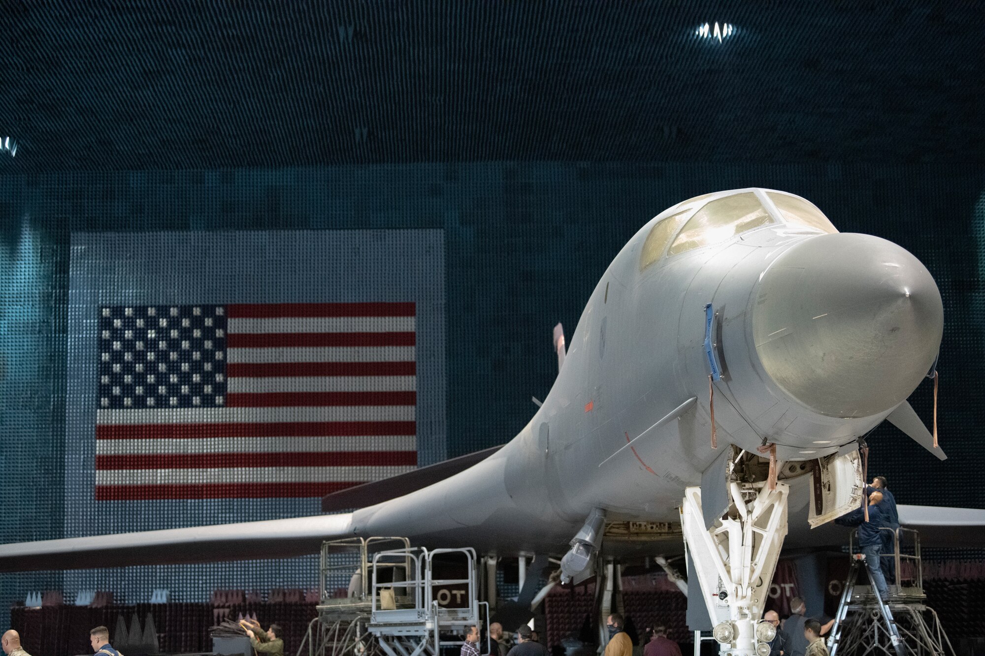 Ground crews move a B-1B Lancer into position at the Benefield Anechoic Facility on Edwards Air Force Base, California, May 20. The Lancer, from the 337th Test and Evaluation Squadron, 53rd Wing, out of Dyess Air Force Base, Texas, will be used to conduct testing of Pre-processor Flight Software (PFS) 6.42. (Air Force photo by 1st Lt. Christine Saunders)