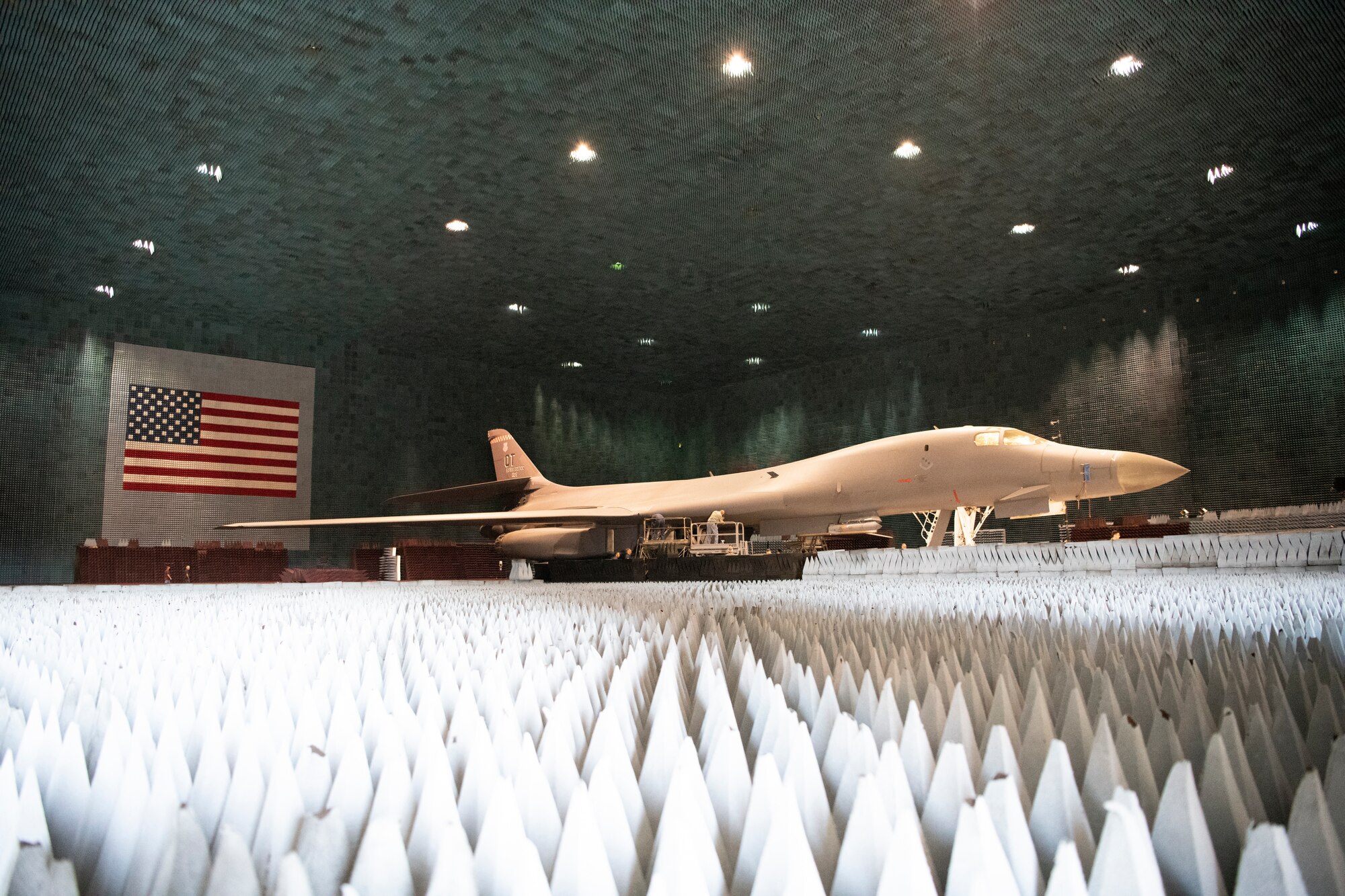 Ground crews move a B-1B Lancer into position at the Benefield Anechoic Facility on Edwards Air Force Base, California, May 20. The Lancer, from the 337th Test and Evaluation Squadron, 53rd Wing, out of Dyess Air Force Base, Texas, will be used to conduct testing of PFS 6.42. (Air Force photo by 1st Lt. Christine Saunders)