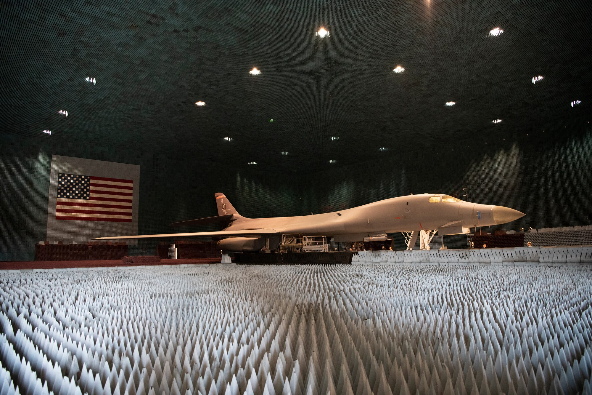Ground crews move a B-1B Lancer into position at the Benefield Anechoic Facility on Edwards Air Force Base, California, May 20. The Lancer, from the 337th Test and Evaluation Squadron, 53rd Wing, out of Dyess Air Force Base, Texas, will be used to conduct testing of Pre-processor Flight Software (PFS) 6.42. (Air Force photo by 1st Lt. Christine Saunders)