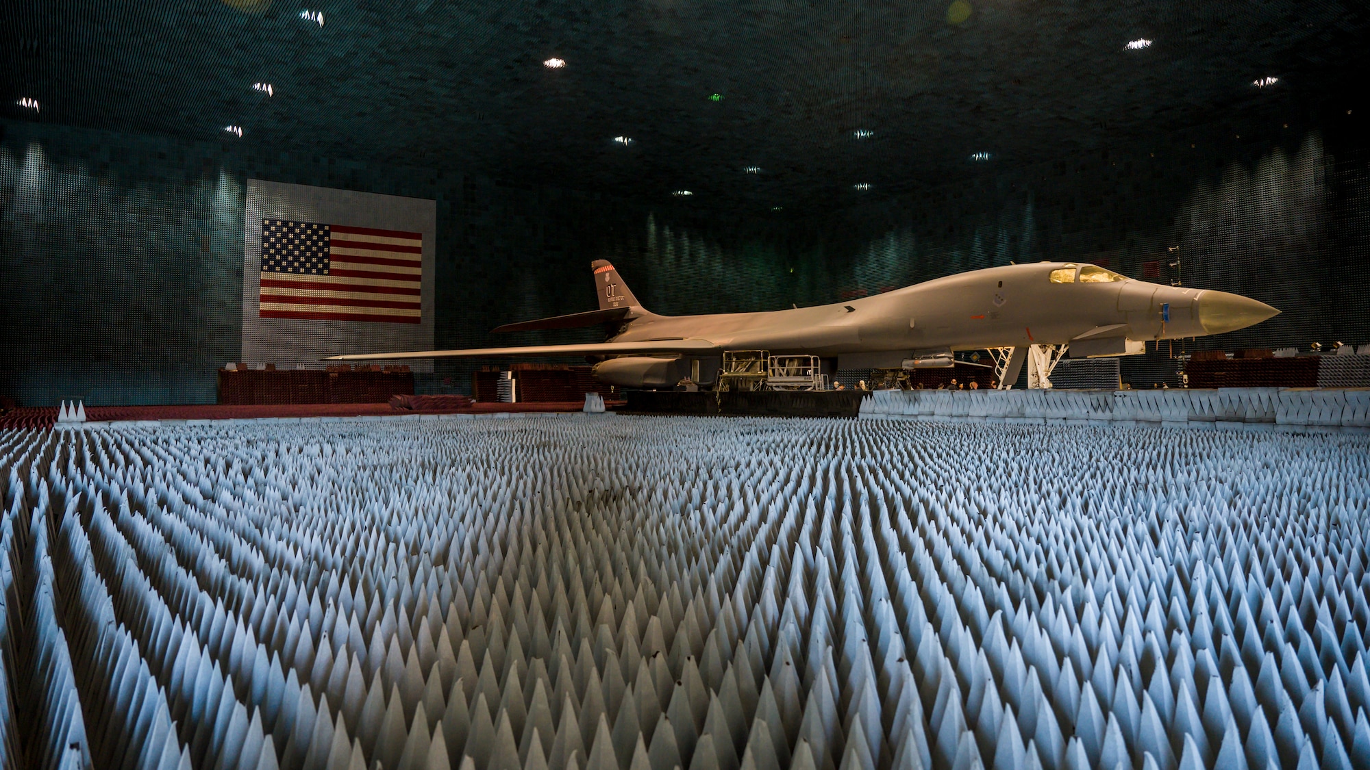 Ground crews move a B-1B Lancer into position at the Benefield Anechoic Facility on Edwards Air Force Base, California, May 20. The Lancer, from the 337th Test and Evaluation Squadron, 53rd Wing, out of Dyess Air Force Base, Texas, will be used to conduct testing of PFS 6.42. (Air Force photo by Giancarlo Casem)