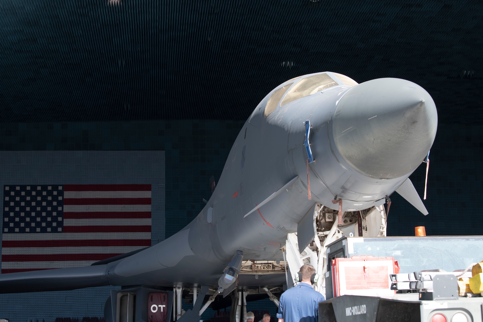 Ground crews move a B-1B Lancer into position at the Benefield Anechoic Facility on Edwards Air Force Base, California, May 20. The Lancer, from the 337th Test and Evaluation Squadron, 53rd Wing, out of Dyess Air Force Base, Texas, will be used to conduct testing of PFS 6.42. (Air Force photo by 1st Lt. Christine Saunders)