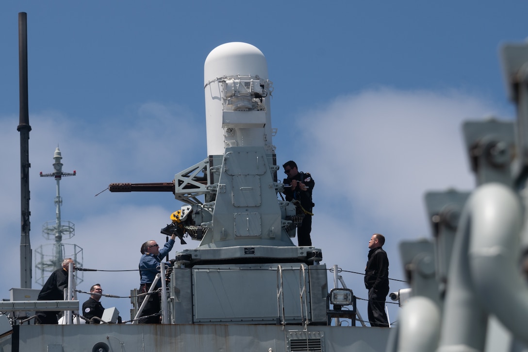 The Combat Systems Engineering Department of Standing NATO Maritime Group One (SNMG1) Flagship HMCS Halifax conducts Close-In Weapons System (CIWS) pre-fire checks.