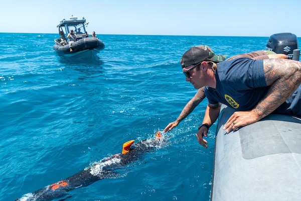 U.S. Navy and Lebanese Armed Forces explosive ordnance disposal technicians conduct a subject matter expert exchange during exercise Resolute Union 21 in the Mediterranean Sea.