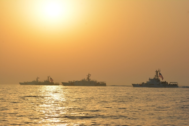 ARABIAN GULF (May 24, 2021) – Fast response cutters USCGC Robert Goldman (WPC 1142) and USCGC Charles Moulthrope (WPC 1141), and patrol boats USCGC Maui (WPB 1304) and Adak (WPB 1333) transit the Arabian Gulf en route to Bahrain, May 24. Robert Goldman and Charles Moulthrope are the newest additions to Patrol Forces Southwest Asia (PATFORSWA), which is comprised of six 110' cutters, the Maritime Engagement Team, shore side support personnel, and is the Coast Guard's largest unit outside of the U.S. playing a key role in supporting Navy security cooperation, maritime security, and maritime infrastructure protection operations in the U.S. 5th Fleet area of operations. (U.S. Coast Guard photo by Seaman Logan Kaczmarek)