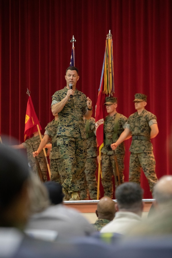U.S. Marine Corps Lt. Col. Benjamin Adams, the commanding officer of 1st Tank Battalion, 1st Marine Division, speaks during the 1st Tank Battalion’s deactivation ceremony at Marine Corps Air Ground Combat Center Twentynine Palms, California, May 21, 2021. The battalion was deactivated as part of Force Design 2030 to reshape the Marine Corps’ unit organization for the future fight. (U.S. Marine Corps photo by Lance Cpl. Quince D. Bisard)