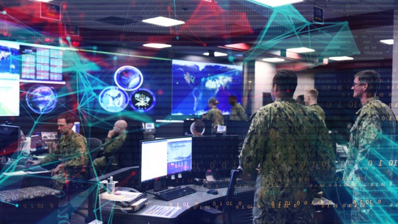 A graphic shows people in military uniforms at different workstations.