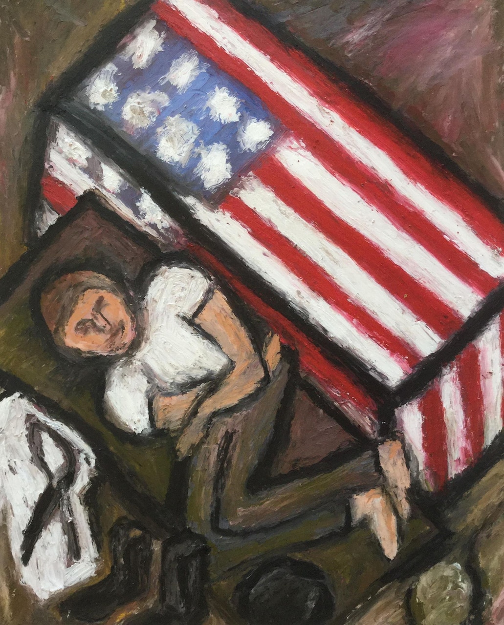 Illustration of a man lying on a cot, grieving. An American flag is displayed next to him.