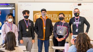 2021 Kern County Teacher of the Year, Jason Spitzer, poses for a photo with some of his students after presenting them with end-of-the-year awards at Edwards Air Force Base, California, May 21. (Air Force photo by Giancarlo Casem)