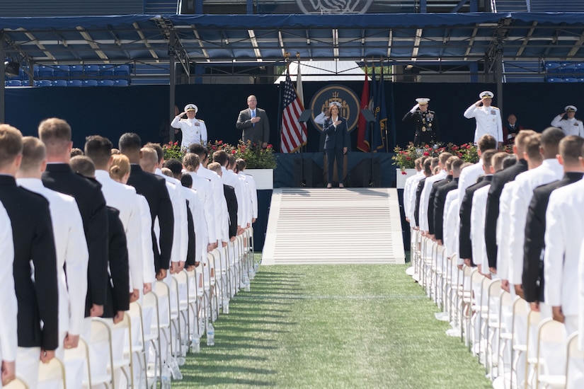 Vice President Kamala D. Harris speaks to the graduating class of midshipmen.