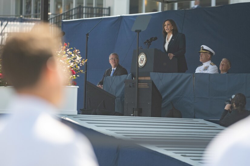 Vice President Kamala D. Harris speaks to the graduating class of midshipmen.