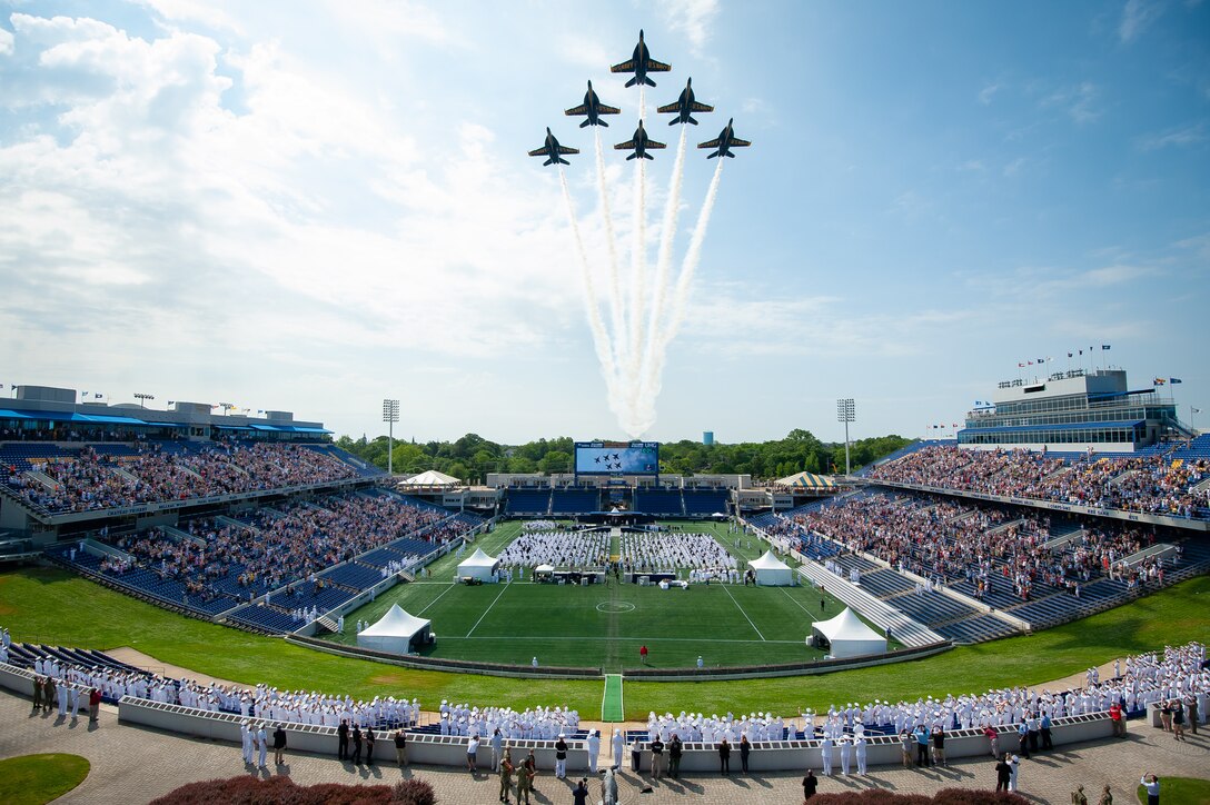Navy’s Blue Angels fly over Navy-Marine Stadium.