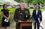 Maj. Gen. Greg Knight, Vermont's adjutant general, gives opening remarks during a press conference May 27, 2021. Knight, along with Lt. Gov. Molly Gray (right) and Lindsay Kurrle (left), Vermont's secretary of commerce and community development, will spend several days in North Macedonia discussing expansion of the current State Partnership Program to include economic development opportunities. (U.S. Army National Guard photo by Don Branum)