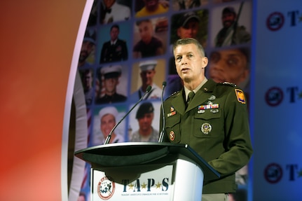 Army Gen. Daniel Hokanson, chief, National Guard Bureau, addresses attendees at the TAPS 27th Annual National Military Survivor Seminar and Good Grief Camp, Arlington, Virginia, May 28, 2021.