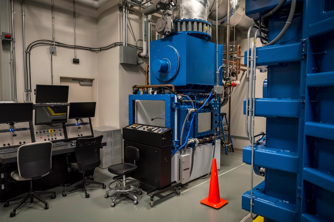 Research altitude chamber four was on display following a ribbon-cutting ceremony May 27 hosted by the Air Force Research Laboratory’s 711th Human Performance Wing. 
This chamber is used for rapid decompressions on small equipment such as small electronics like cell phones, to medical supplies and or equipment, computers, or any other small equipment needed to be taken up to altitude to ensure durability. (U.S. Air Force photo by Richard Eldridge)