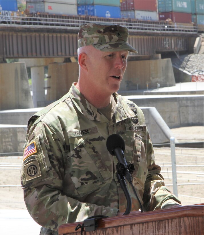 Brig. Gen. Paul Owen, U.S. Army Corps of Engineers South Pacific Division commander, speaks at the May 27 ribbon-cutting ceremony for the BSNF Railroad Bridge Pier Protection Project in Corona, California. The purpose of the project is to minimize risk to the bridge in flood conditions and during increased water releases from Prado Dam resulting from periods of heavy rainfall.