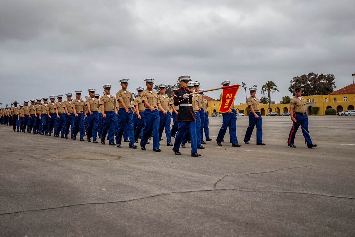 Marines march in formation.
