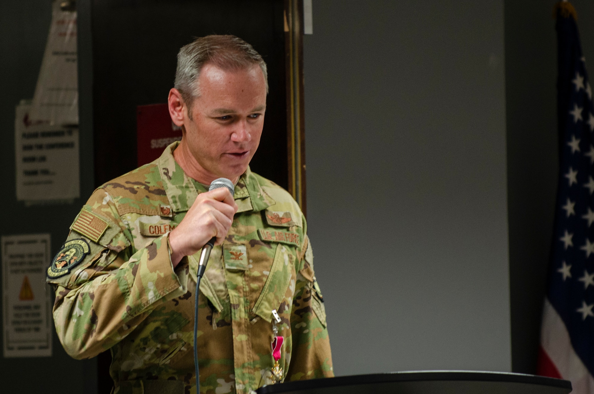 U.S. Air Force Col. Frederick A. “Trey” Coleman III, 609th Air Operations Center outgoing commander, speaks during the 609th AOC change of command ceremony Al Udeid Air Base, Qatar, May 27, 2021. The Airmen of the 609th AOC work alongside joint and international partners from 18 nations to plan, produce, and execute the daily Air Tasking Order on behalf of Guillot, who also serves as the Combined Forces Air Component Commander. (U.S. Air Force photo by Tech. Sgt. Dylan Nuckolls)