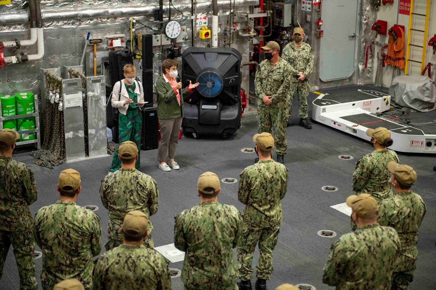 210528-N-WU807-1136 APRA HARBOR, Guam (May 28, 2021) German Defense Minister Annegret Kramp-Karrenbauer speaks with Sailors aboard Independence-variant littoral combat ship USS Charleston (LCS 18), May 28. Charleston, part of Destroyer Squadron Seven, is on a rotational deployment operating in the U.S. 7th Fleet area of operation to enhance interoperability with partners and serve as a ready response force in support of a free and open Indo-Pacific region. (U.S. Navy photo by Mass Communication Specialist 3rd Class Adam Butler)