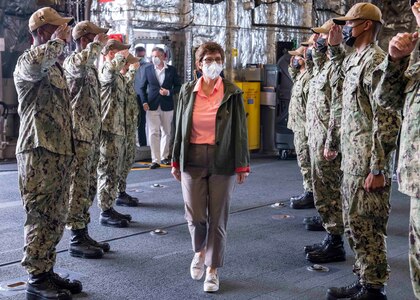 210528-N-WU807-1015 APRA HARBOR, Guam (May 28, 2021) German Defense Minister Annegret Kramp-Karrenbauer arrives aboard Independence-variant littoral combat ship USS Charleston (LCS 18), May 28. Charleston, part of Destroyer Squadron Seven, is on a rotational deployment operating in the U.S. 7th Fleet area of operation to enhance interoperability with partners and serve as a ready response force in support of a free and open Indo-Pacific region. (U.S. Navy photo by Mass Communication Specialist 3rd Class Adam Butler)