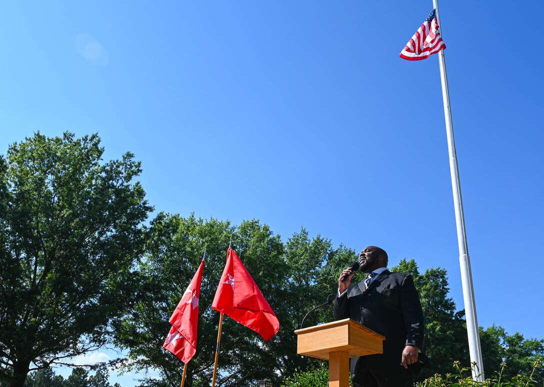 “I’m proud to be an American Soldier” is sung during the Memorial Day retreat ceremony at Joint Base Langley-Eustis, Virginia, May 27, 2021. Gold Star families, distinguished visitors and military members watched and took part in the ceremony. (U.S. Air Force photo by Senior Airman Sarah Dowe)