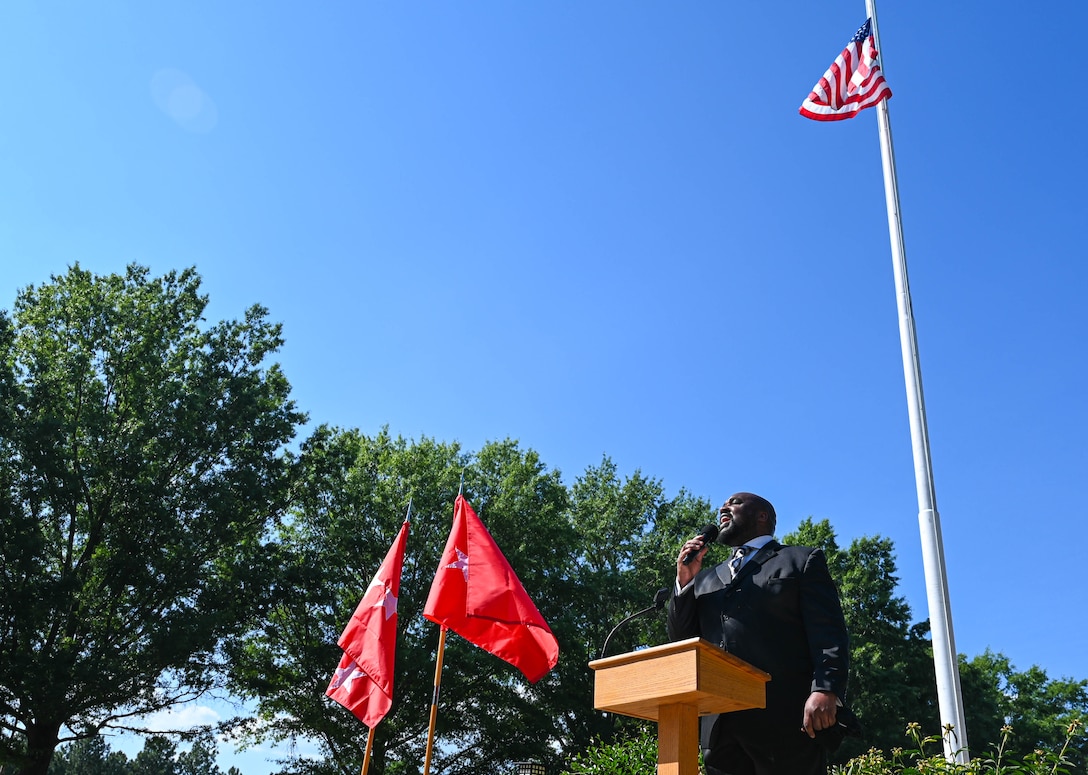 “I’m proud to be an American Soldier” is sung during the Memorial Day retreat ceremony at Joint Base Langley-Eustis, Virginia, May 27, 2021. Gold Star families, distinguished visitors and military members watched and took part in the ceremony. (U.S. Air Force photo by Senior Airman Sarah Dowe)