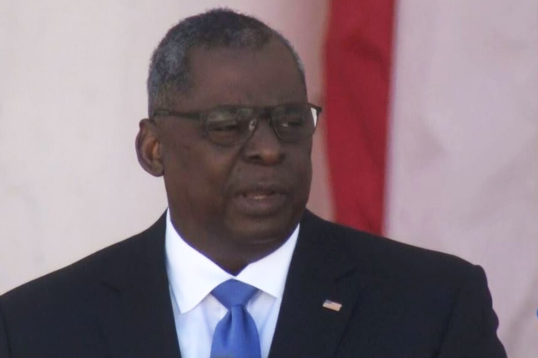 Secretary of Defense Lloyd J. Austin III speaks at the Memorial Day ceremony at Arlington National Cemetery.