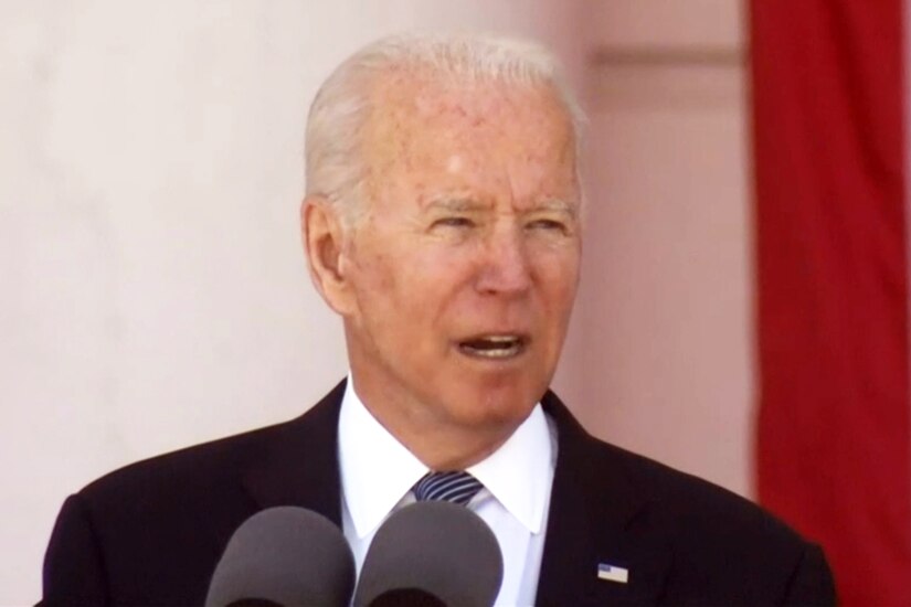 President Joe Biden speaks during a Memorial Day commemoration.