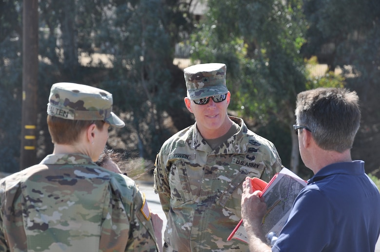 U.S. Army Corps of Engineers South Pacific Division commander Brig. Gen. Paul Owen is briefed at Whittier Narrows Dam, May 26.