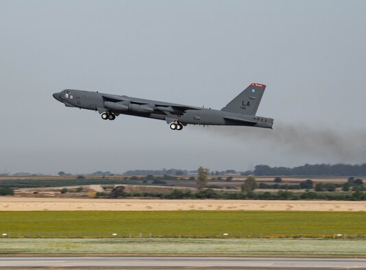 A B-52H Stratofortress assigned to the 2nd Bomb Wing, Barksdale Air Force Base, Louisiana, takes off at Morón Air Base, Spain, May 31, 2021 in support of Bomber Task Force operations. Bomber missions highlight the U.S. military’s ability to conduct integration training with partners and allies. (U.S. Air Force photo by 2nd Lt. Aileen Lauer)